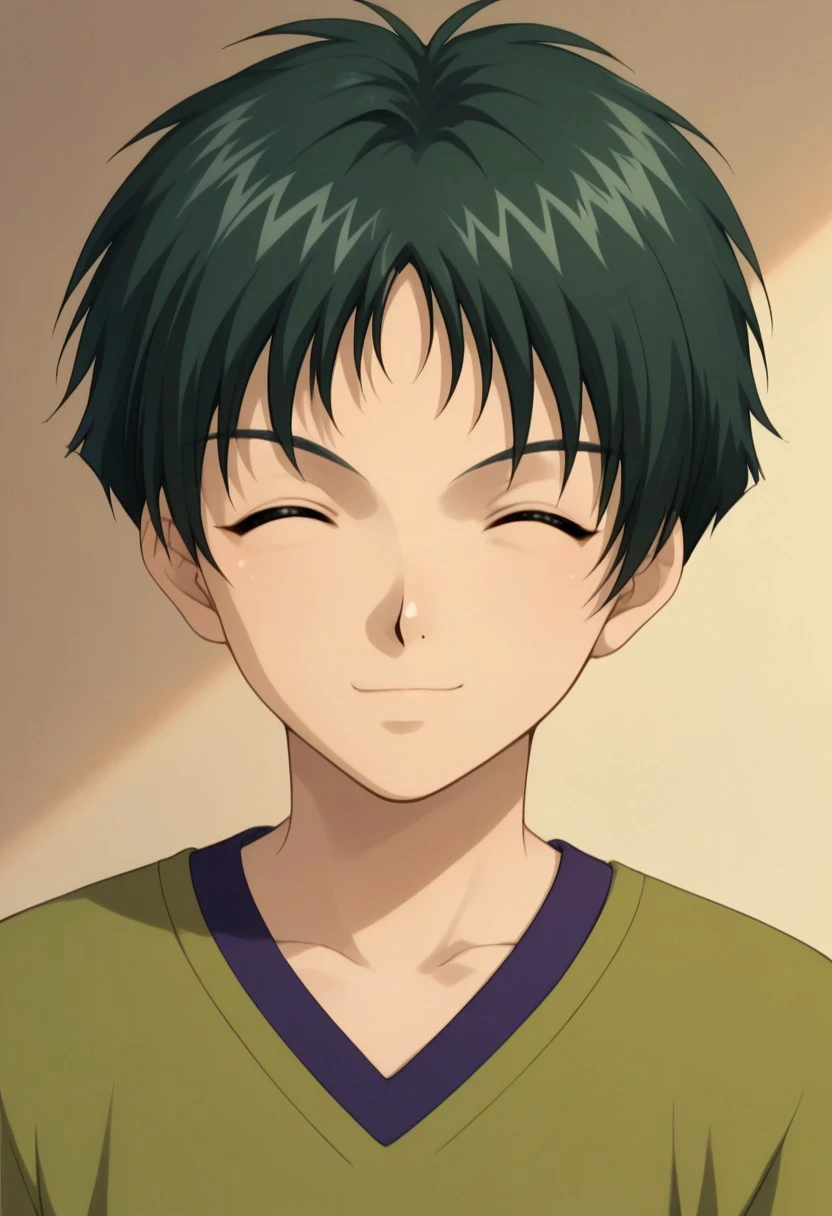 score_9, score_8_up, score_7_up, source_anime, highly detailed, 
sugurufujisaki, solo, 1boy, male focus, closed eyes, looking at viewer, closed mouth, green hair,
collarbone, shirt, upper body, short hair, bangs, smile,