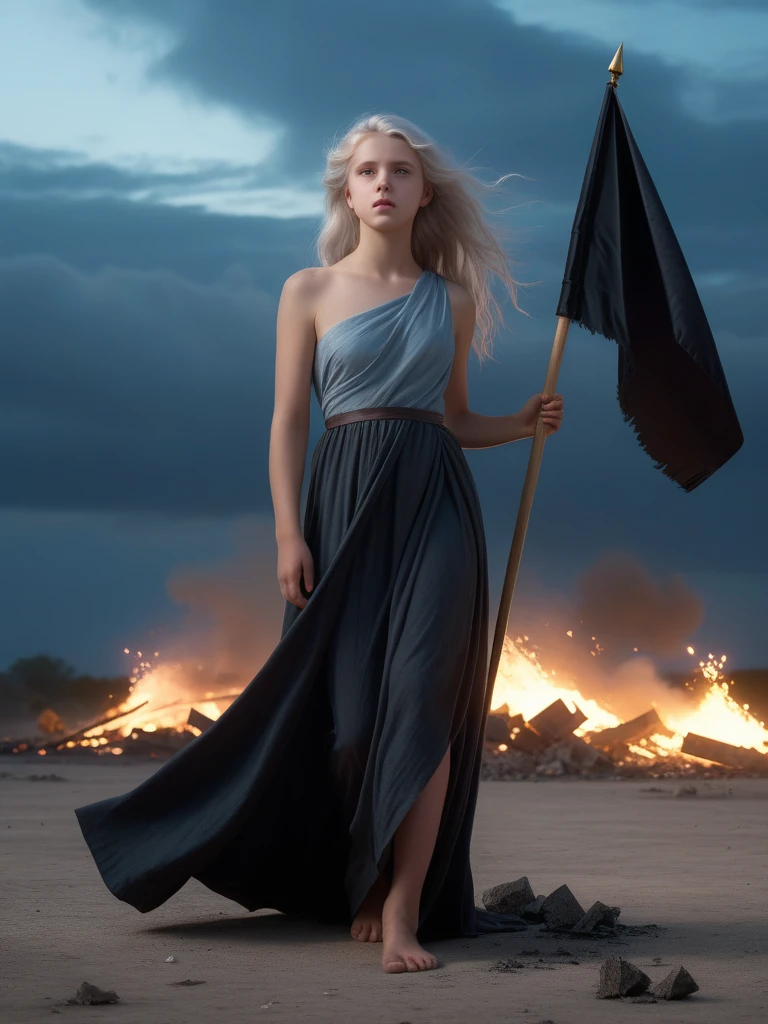 <lora:05ClassicalArt_Hap_XL:1>, William-Adolphe Bouguereau style,  1girl, light blue eyes, blind pupils, full body, standing, bare foot, holding a banner flag, ground of ashes, debris, ruins, looking away, parted lips, long black gown, front view, hair with wind, grey sky, smoke, embers flying in the wind, white hair long hair, pinkish lips, solo, alone, detailed landscape, dark fantasy, dark lighting, night, cgi, masterpiece, best quality, very aesthetic, absurdres, serene night, beautiful sky, dancing silhouette, Complex landscape, best quality, pastel colors, light blue tint, aesthetic Ethereal, Effulgent, Idyllic atmosphere,  Tranquil,  ethereal quality, cinematic volume, Twinkling lighting, glowing aura, global illumination,  glowneon, Anisotropic Filtering, Unrivaled Opus, Unconventional, hyper detailed, HDR,,