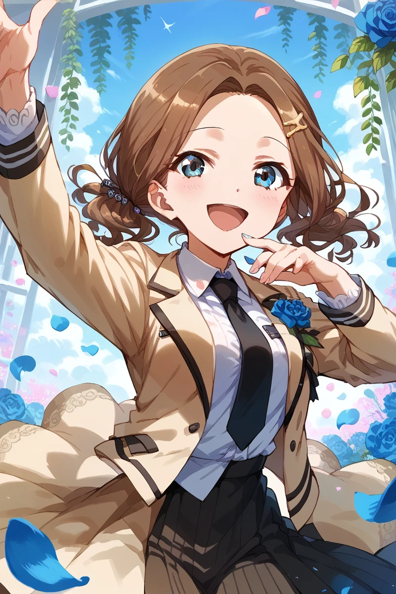 score_9, score_8_up, score_7_up, score_6_up, 1girl,
 <lora:Hisame_Honami:0.9> hisame, brown hair, solo, flower, smile, hair ornament, blue flower, open mouth, blue eyes, hairclip, looking at viewer, necktie, petals, twintails, blue rose