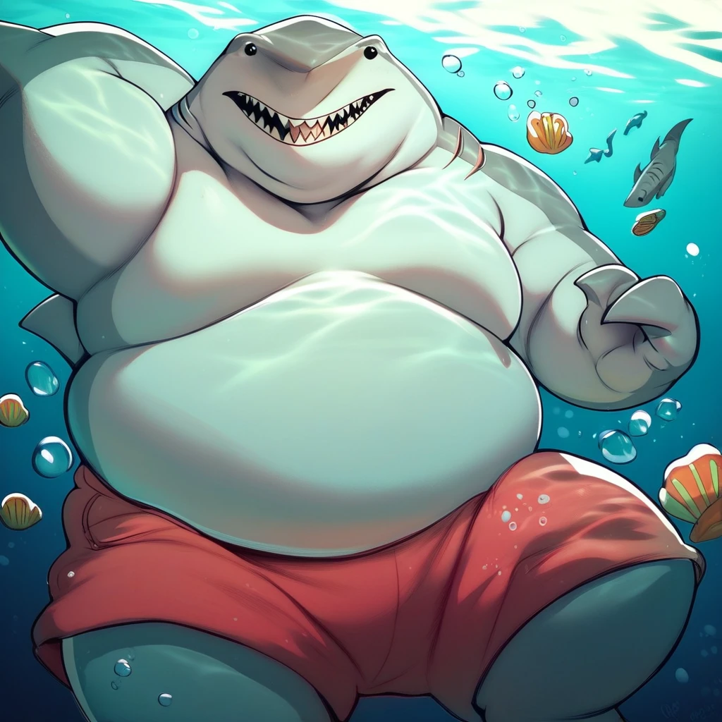 score_9, score_8_up, score_7_up, score_6_up, score_5_up, score_4_up, king shark, shark, anthro, fat, three toes, in the ocean, swimming, looking at viewer, underwater, sea background