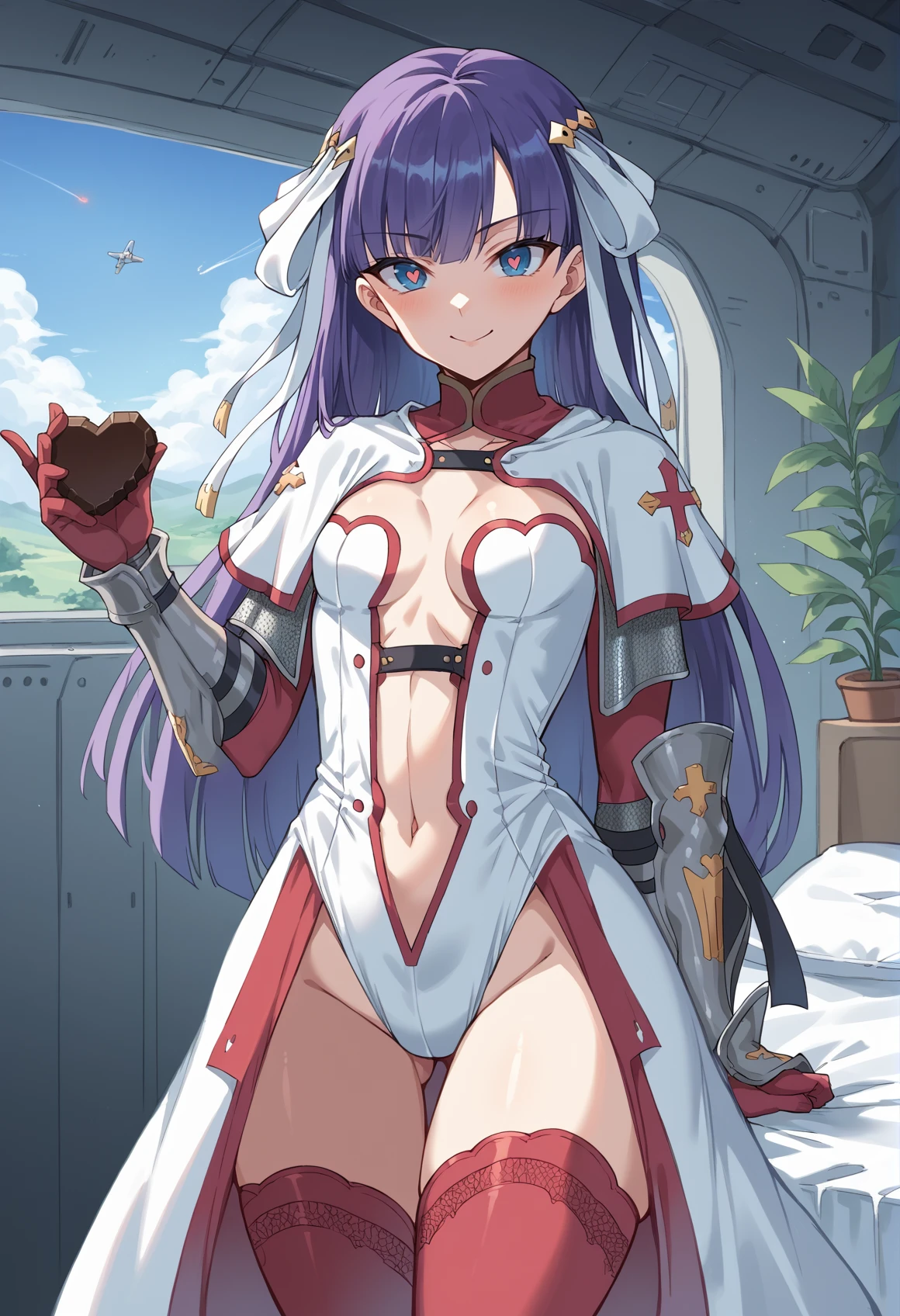 1girl, long hair, purple hair, blue eyes, hair ribbon, leotard, cleavage, navel, capelet, armor, chainmail, gauntlets, red thighhighs, waist cape, spacecraft interior, bed, plant, white walls, holding heart-shaped chocolate, heart-shaped pupils, evil smile, flat chest, low-tied long hair <lora:Martha_XL:1>, score_9, score_8_up, score_7_up, score_6_up, score_5_up, score_4_up, BREAK source_anime, masterpiece