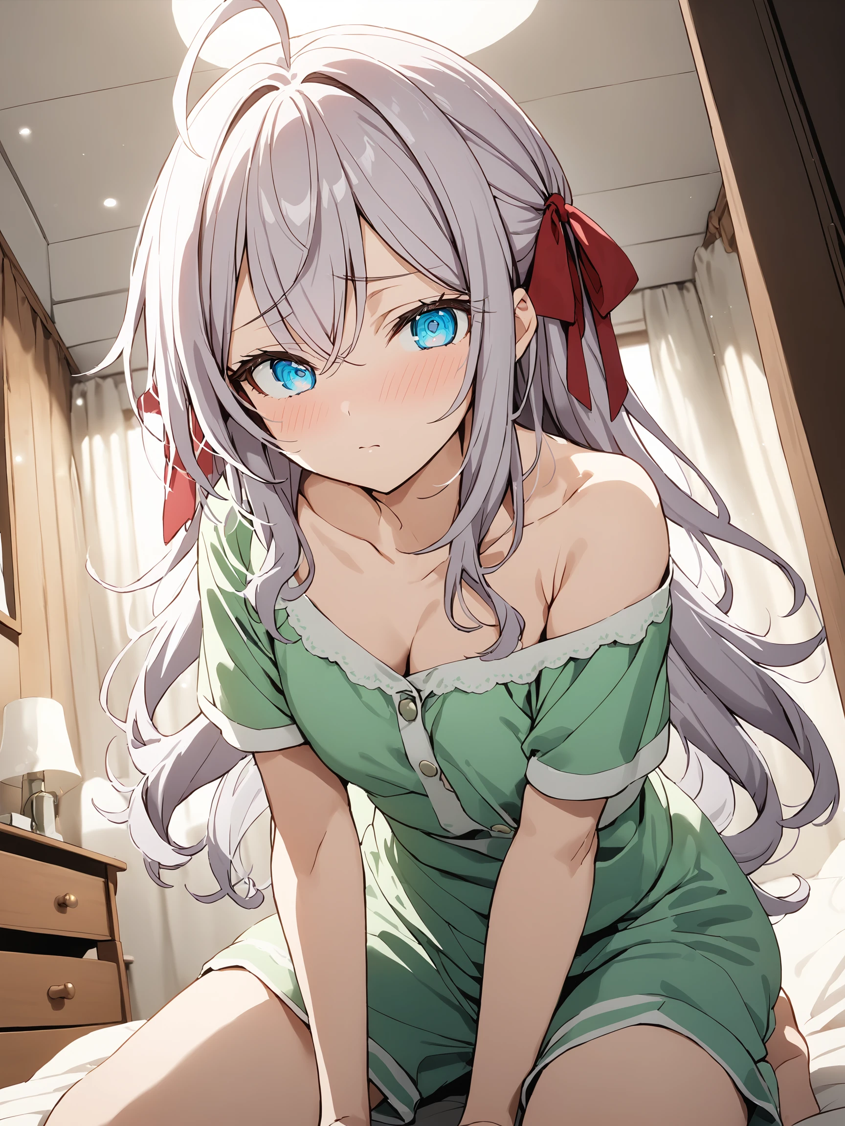 alya_imoto, blue eyes, white hair, long hair, hair ribbon, red ribbon, ahoge,
looking at viewer, short sleeves, bare shoulders, green pajamas,
kneeling, shy face, low angle, detailed eyes,
bedroom, cozy room,
professional photo, high key light, hard shadow, soft bokeh,
best quality, masterpiece,
<lora:hinaAlyaMashaYuki_sdxl_wifu_v1:1>