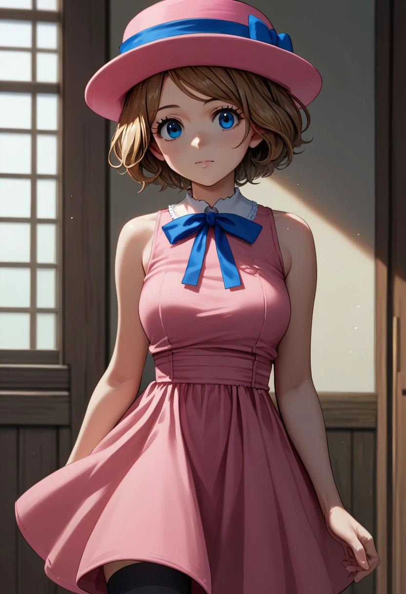 1 girl, solo, mature girl, 18 years old,eye catching, Anime, Anime Style, bbserena, solo, short hair, pink headwear, eyelashes, blue eyes, neck ribbon, blue ribbon, (pink dress:1.2), sleeveless, bare arms, pink skirt, black thighhighs, perfect, detailed, score_9, score_8_up