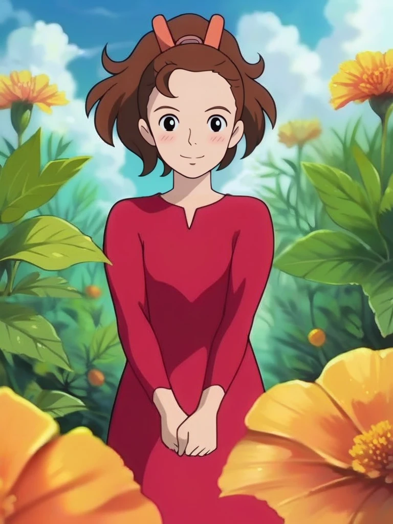 score_9, score_8_up, score_7_up, source_anime, 1girl, big leaf, vegetation, cinematic, sky, clouds, big smile, looking at viewer, smile, blush, cowboy shot, (dynamic pose:1.1), cute, room, heroic pose, dynamic angle, outdoors, holding a big flower,
<lora:ArriettyXLP_Character-10fp16:1>, ArriettyXLP, anime screencap, ponytail, black hair, red dress, brown hair, long sleeves, solo, detailed background,