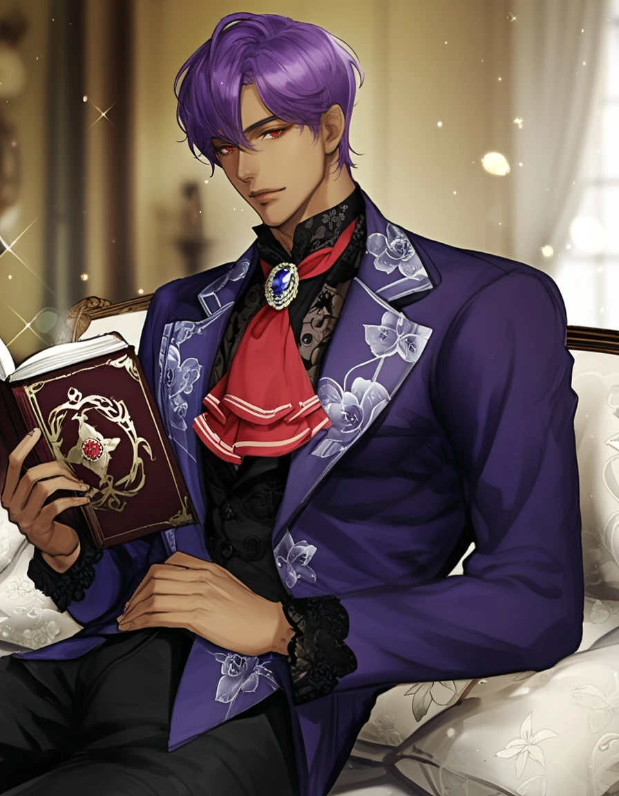 score_9, score_8_up, score_7_up, BREAK 1boy, male focus, solo, very short hair, purple hair, hair between eyes, red eyes, tan, black pants, black shirt, red ascot, floral pattern shirt, formal, jewelry, gem, brooch, holding book, lying, BREAK dark, indoors, dark, portrait, depth of field, blurry background, looking at viewer, illustration, light particles, <lora:manhwa_illustration:0.95>