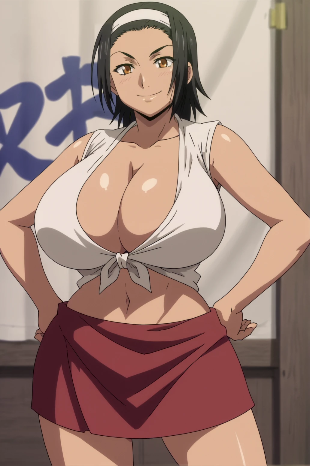 score_9, score_8_up, score_7_up,anime_source, source_anime, best background, detailed background, anime screencap,  Oiso, huge breasts, cleavage, hairband, hand on own hip, navel, smile, solo, tied shirt indoors, <lora:JN_Oiso:0.8>