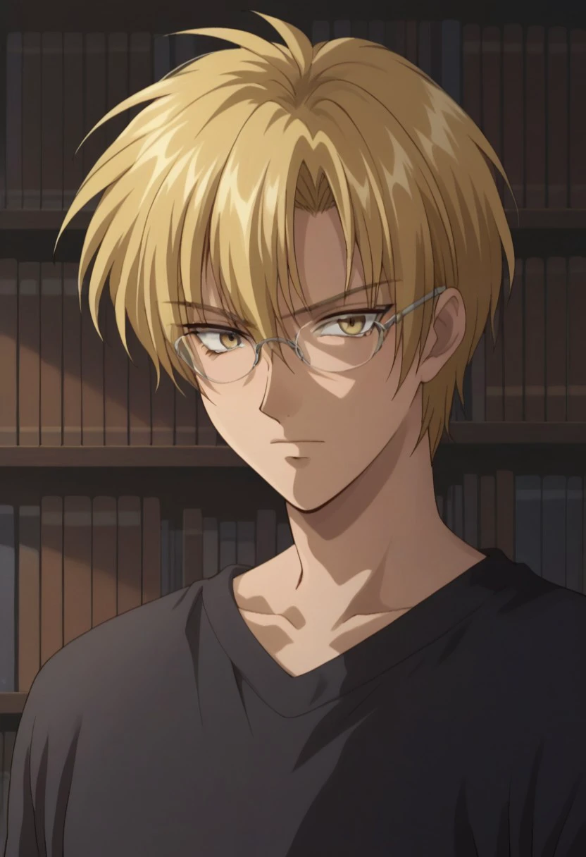 score_9, score_8_up, score_7_up, source_anime, highly detailed, 
eiriyuki, 
1boy, glasses, solo, male focus, blonde hair, bookshelf, book, yellow eyes,
upper body, sweater, black sweater, long sleeves,