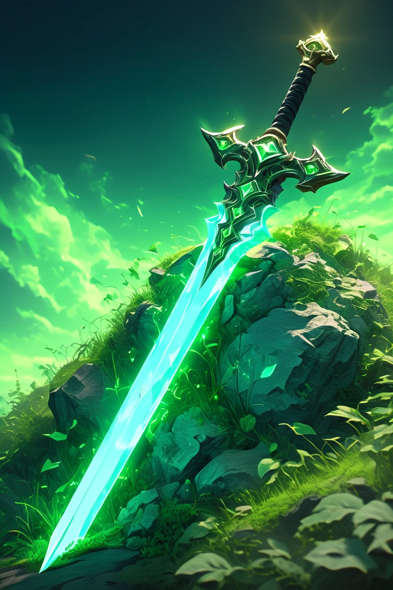 A sword with green energy around it, in the style of a fantasy game concept art digital painting. The glowing sword blade has a green aura around the weapon and green light emanating from the cross guard. The sword sits on green grass with a fantasy sword design and detailed illustration in the style of a fantasy game. SwordDisplay, HD, masterpiece, best quality, hyper detailed, ultra detailed, super realistic