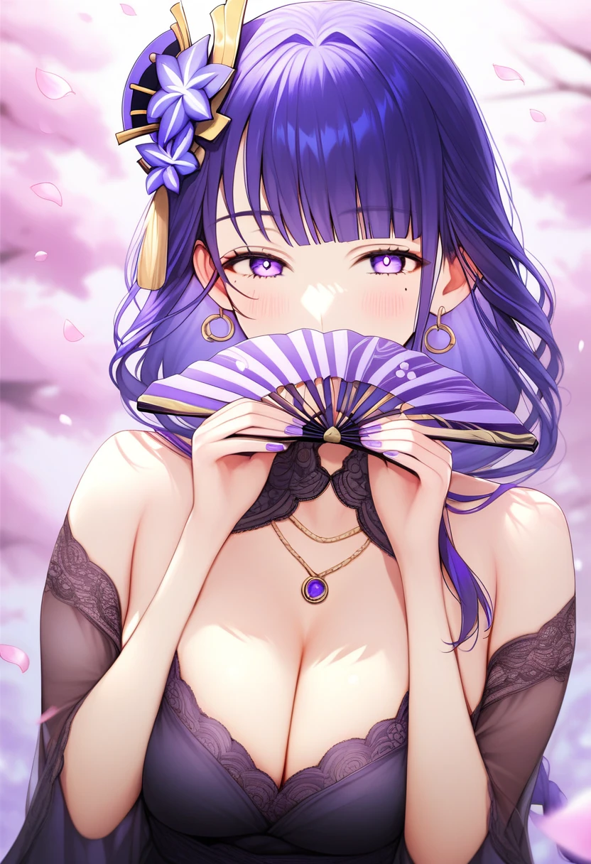 score_9, score_8_up, score_7_up, score_6_up, source_anime,<lora:DJC 0.1v:1>, DJC,
1girl, raiden shogun, hair ornament, solo, mole under eye, breasts, purple eyes, flower, purple hair, hand fan, hair flower, jewelry, mole, long hair, earrings, holding, looking at viewer, purple nails, upper body, cleavage, bangs, holding fan, large breasts, petals, bug, nail polish, butterfly, purple flower, folding fan, blurry, necklace, braid, covering mouth, dress, blurry background, falling petals, blush, blunt bangs, alternate costume, black dress, trees