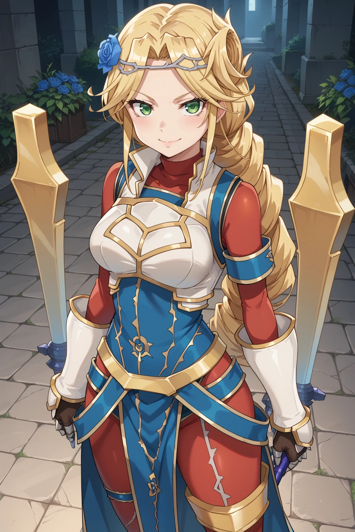 score_9, score_8_up, score_7_up, source anime, prefect lighting, very aesthetic, BREAK, anime screencap, anime coloring,
<lora:lakyus_overlord_v1-pdv6:0.9>, 1girl, lakyus alvein dale aindra, overlord \(maruyama\), blonde hair, green eyes,
lakyusout1, braid, blue flower, hair flower, hair ornament, armor, gloves, gauntlets, white footwear, boots,
BREAK, blush, light smile, looking at viewer, cowboy shot, 
BREAK,