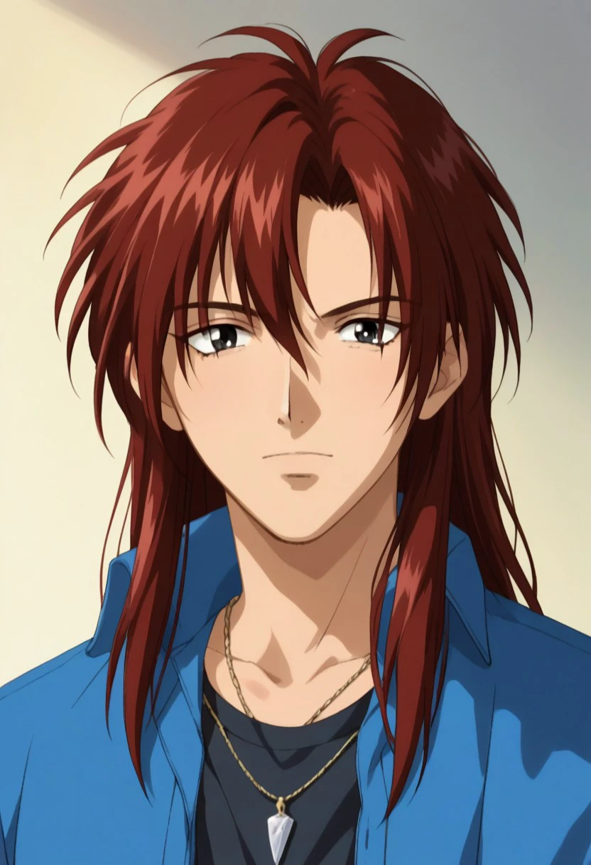 score_9, score_8_up, score_7_up, source_anime, highly detailed, 
HiroshiNakano, 1boy, solo, male focus, black eyes, long hair, red hair, upper body, shirt, blue shirt, jewelry, necklace,