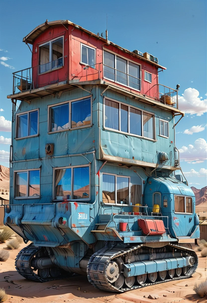 sky, ground vehicle, no humans, day, cloud, vehicle focus, motor vehicle, outdoors, desert, military, military vehicle, blue sky, scenery, window, Tracked Vehicle, Traction City, gray paint,  red paint,  blue paint, house
(ultra sharp focus:2), (detailed windows:2), (thin lines:2), 
(best quality:1.8),
<lora:Apparatus - Traction City Walkers Vehicles_epoch_11:0.8>