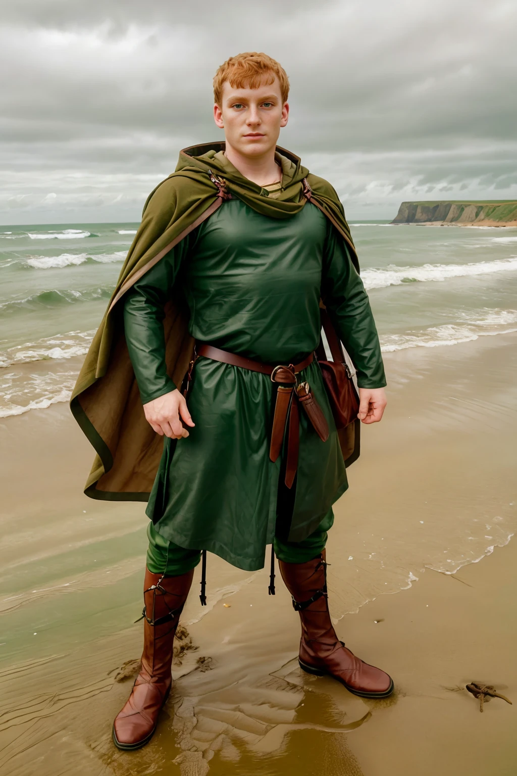 standing in sand dunes of East Anglia coast, beach and sea in the background, ginger hair, (clean shaven), SebastianKeys wearing norsemenclothes, green tunic, green cloak, leather satchel, leather belt, leather vambraces, green pants, (((full body portrait))), wide angle  <lora:NorseMenClothes:0.70> <lora:SebastianKeys:0.8>