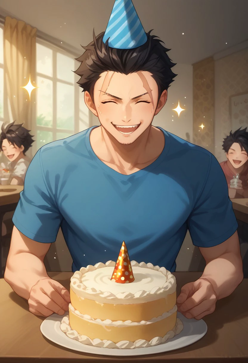 score_9, score_8_up, score_7_up, source_anime, rating_safe, sparkles effects, Siltail, scar on face, black hair, 1boy, male focus, closed eyes, casual clothes, party hat, open mouth, wide smile, teeth, upper body, hands with five fingers, happy birthday, cake on table, simple patterned background, cute wallpaper, happy-cheery,