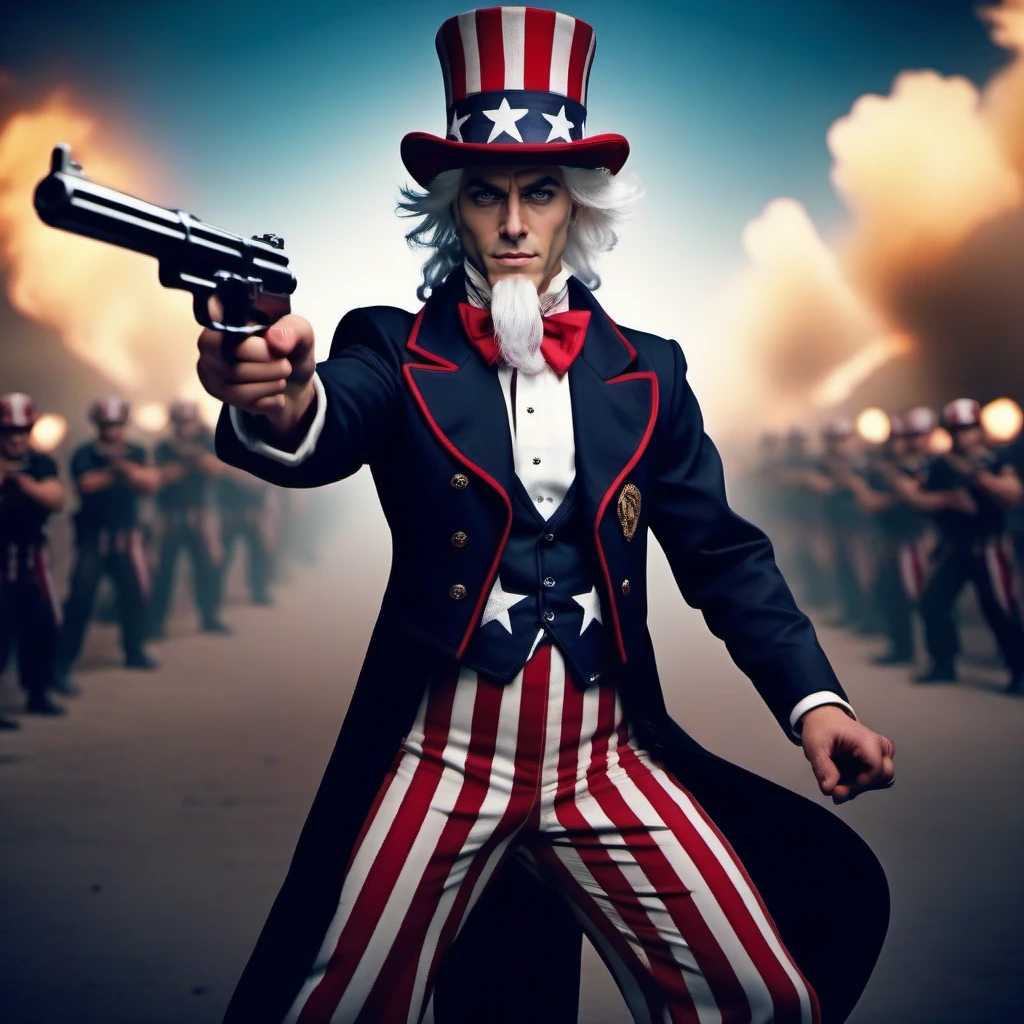 cinematic photo 1boy, top hat, white hair, facial hair,  striped pants, pointing at viewer, holds a machine gun, war scene <lora:OncleSam:0.8>  . 35mm photograph, film, bokeh, professional, 4k, highly detailed