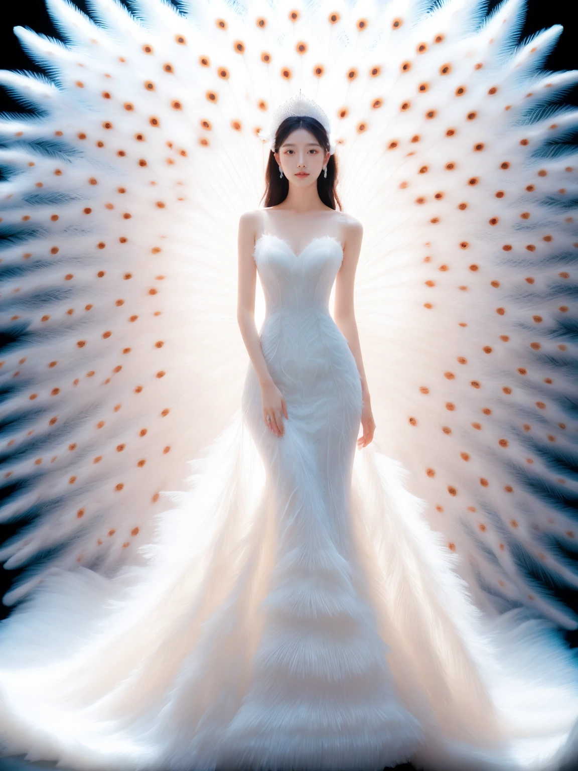 1girl, full body, standing, big feathers peacook tails, white feathers dress, <lora:JAY - WHITE FEATHERS DRESS:0.8>