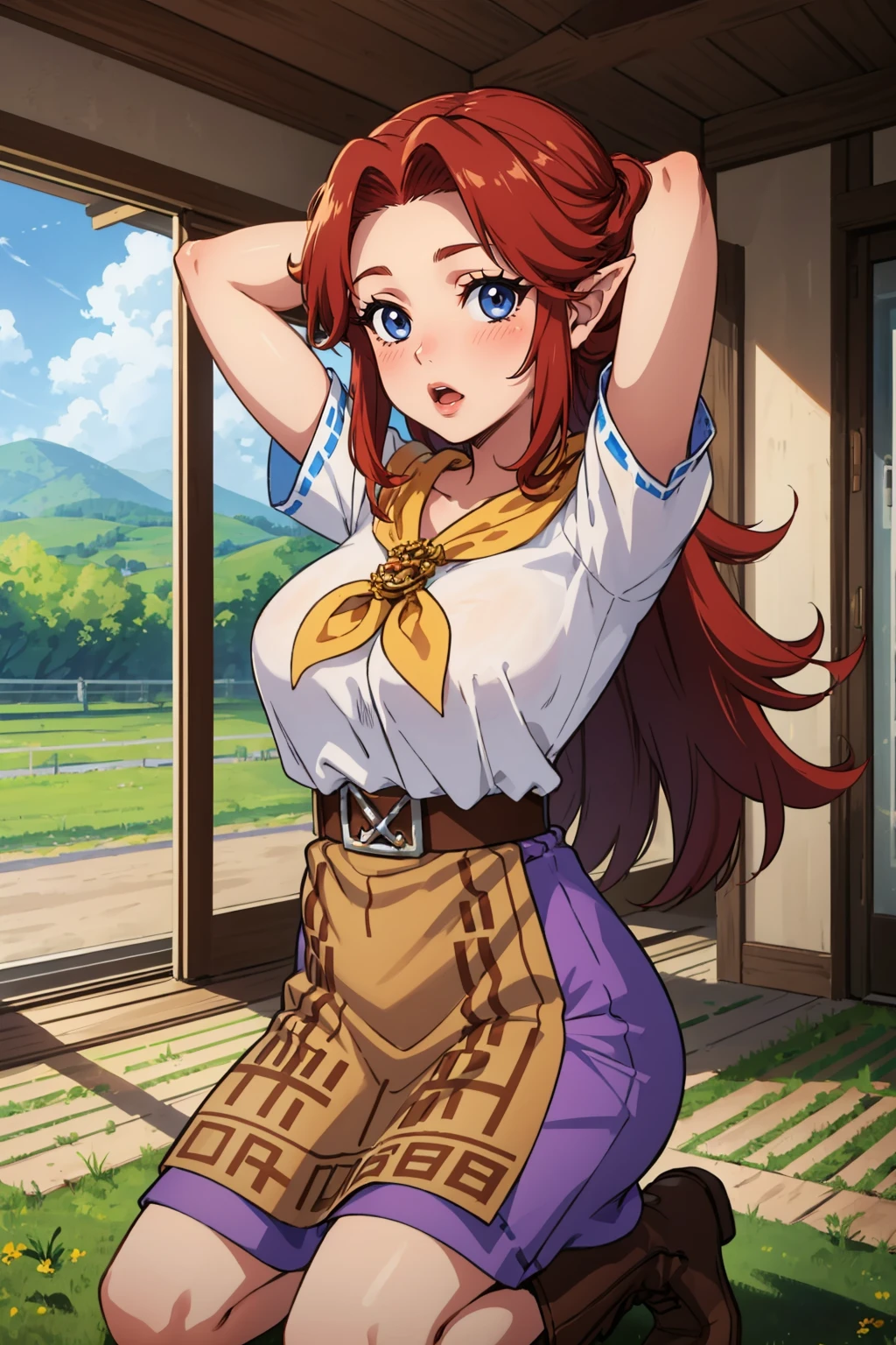 masterpiece, best quality, 1girl, solo  <lora:cremia-nvwls-v1-000009:0.9> cremia, red hair, pointy ears, white shirt, yellow neckerchief, short sleeves, belt, purple skirt, long skirt, brown apron, breasts, brown boots, indoors, farm, hay, kneeling, arms behind head, blush, looking at viewer, wavy mouth, seiza