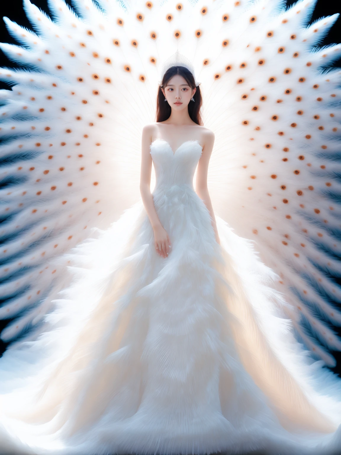 1girl, full body, standing, big feathers peacook tails, white feathers dress, <lora:JAY - WHITE FEATHERS DRESS:0.8>