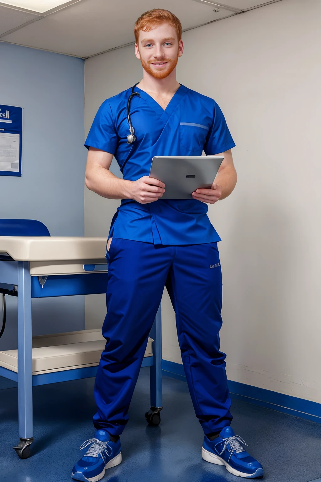 doctor's office, examination table, standing, smiling, ginger hair, SebastianKeys in male nurse, wearing a blue nursing uniform, mens' nursing uniform, blue nursing scrubs, blue pants, gray sneakers, holding clipboard, ((full body portrait)), wide angle <lora:SebastianKeys:0.8>