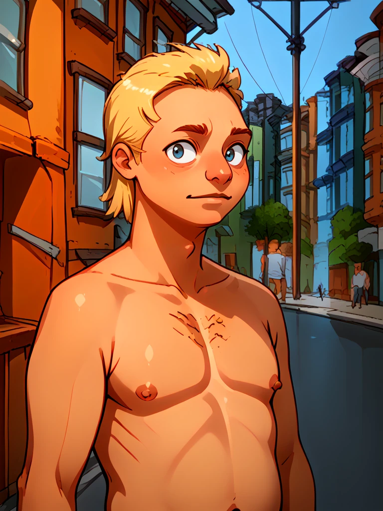 <lora:Speedo_Man_-_Bobs_Burgers:1.25> 1boy, blond hair, mullet, topless male, outdoors, street, portrait,, source_cartoon, score_9, score_8_up, score_7_up,