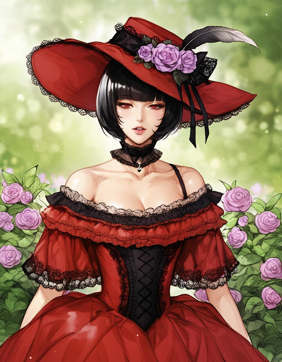 score_9, score_8_up, score_7_up, BREAK 1girl, solo, short hair, black hair, bangs, blunt bangs, red eyes, shiny skin, off shoulder, red dress, frills, lace trim, choker, hat, hat flower, (hat feather), BREAK dark, outdoors, plant, flower, garden, portrait, depth of field, half-closed eyes, parted lips, blurry background, looking at viewer, illustration,   <lora:manhwa_illustration:0.95>