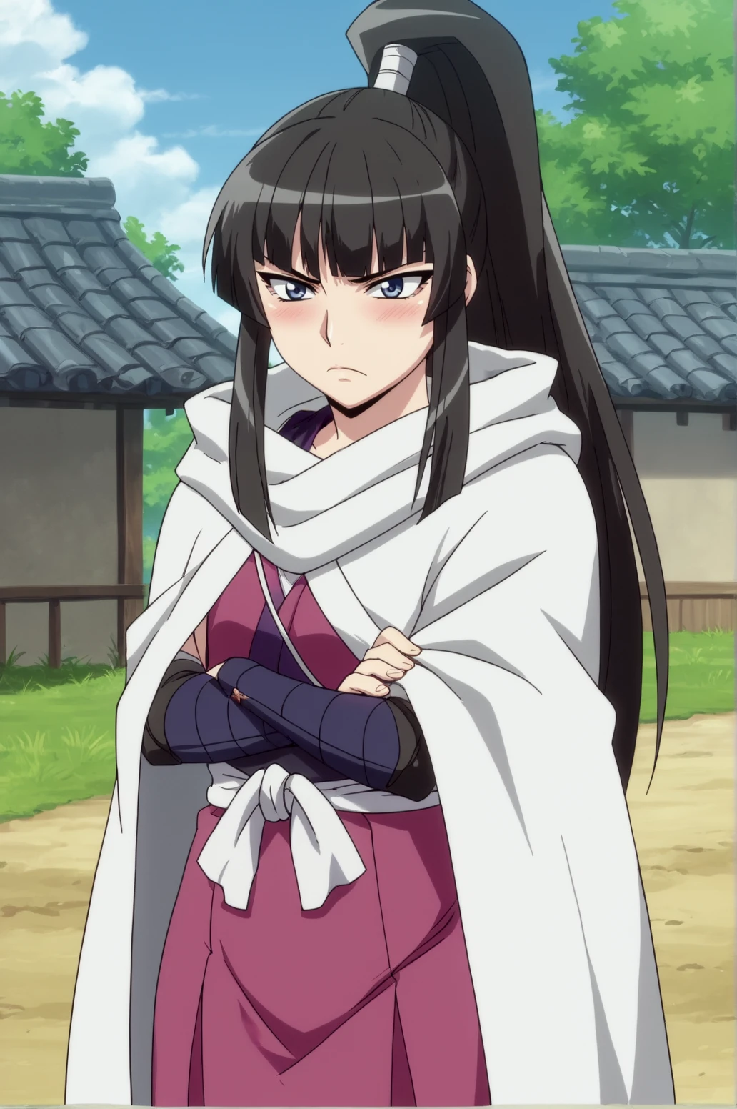 score_9, score_8_up, score_7_up,anime_source, source_anime, best background, detailed background, anime screencap,  Sayama, 1girl, blunt bangs, white cloak,  japanese clothes, ninja, frown, cross arms, tsundere, blush,  outdoors, <lora:JN_Ouka_Sayama:0.8>