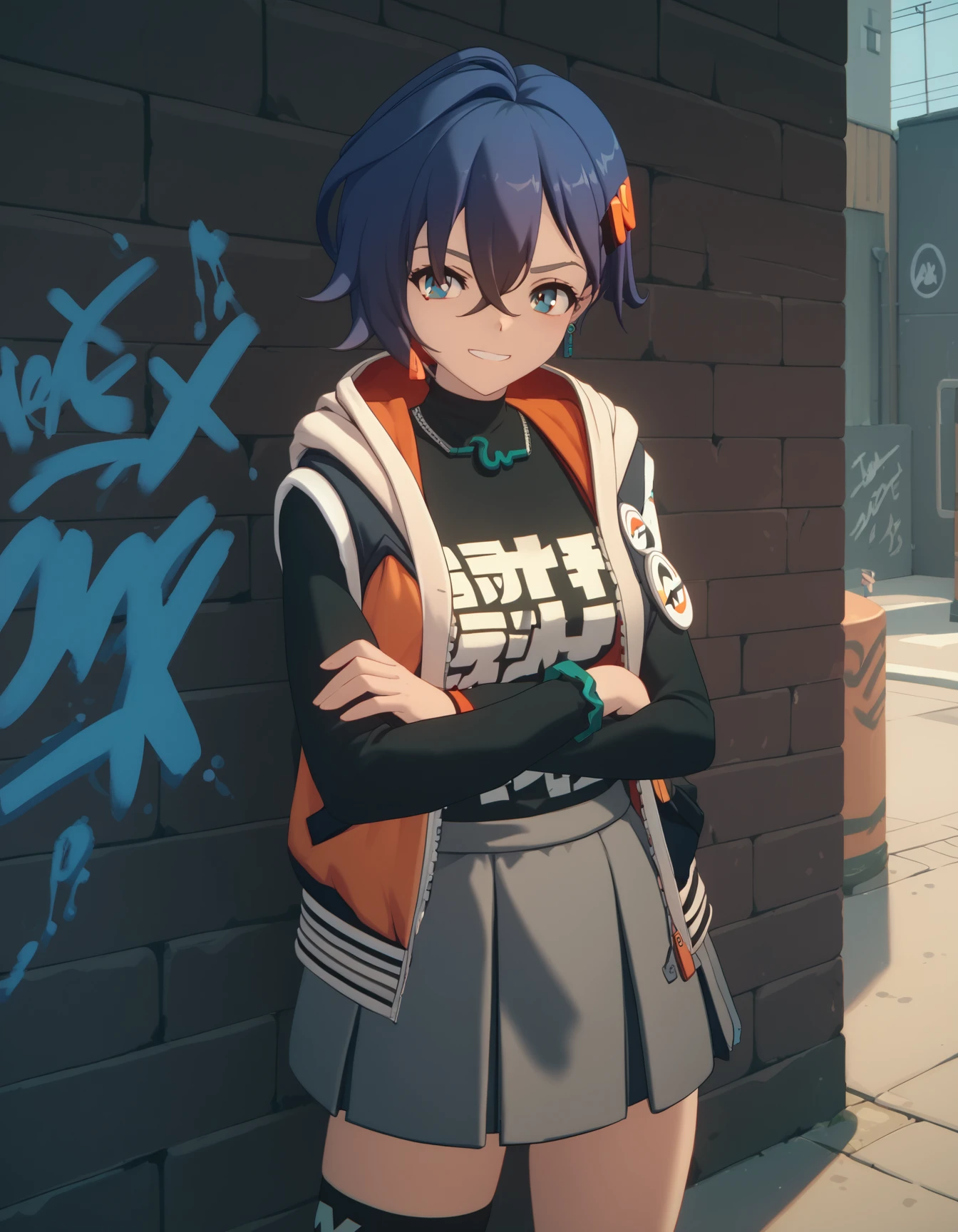 score_9,  score_8_up, score_7_up, <lora:zzz-siblings-ponyxl:1> belle, hooded jacket, black shirt, skirt, asymmetrical legwear
1girl, solo, smirk, graffiti, aerosol, crossed arms, wall, alley, looking back