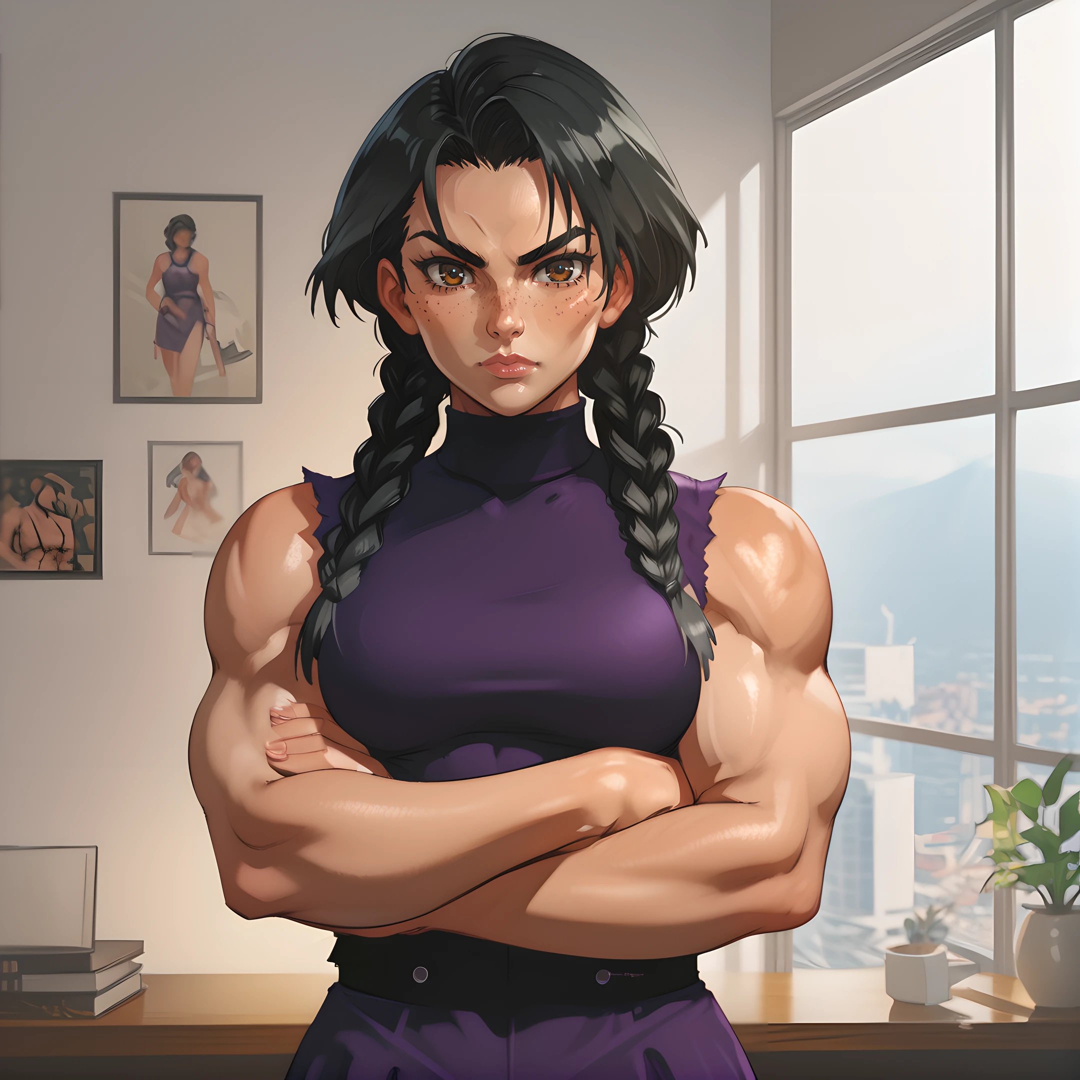 1girl, solo, billie, twin braids, braid, black hair, muscular, muscular female, freckles, brown eyes, looking at viewer, dress, crossed arms, <lora:Billie_-_Sucker_For_Love:0.8>
BREAK
level_9, level_8_up, level_7_up, level_6_up, level_5_up, source_cartoon, masterpiece 
BREAK