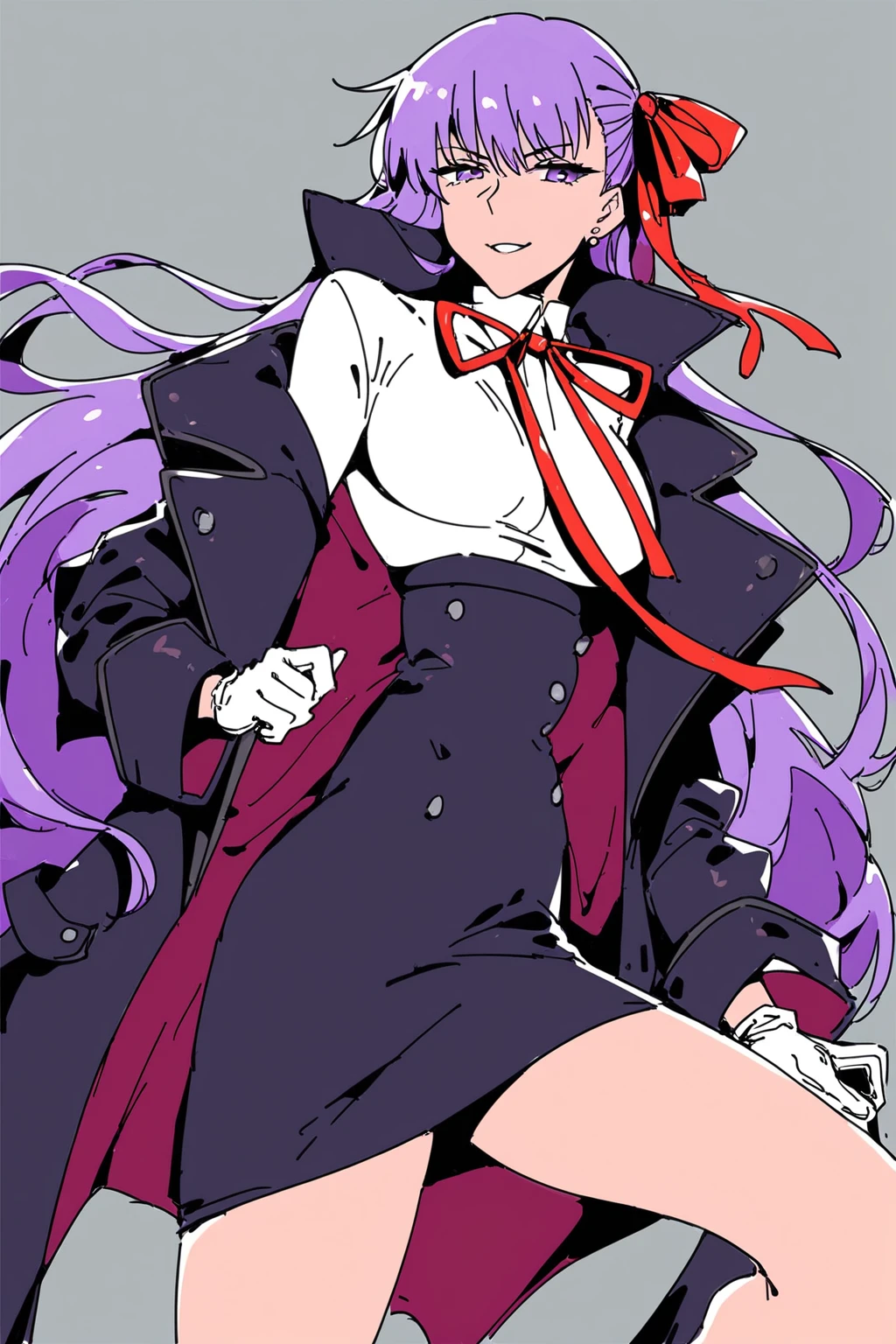 score_9, score_8_up, score_7_up, bb \(fate\), black coat, black skirt, breasts, coat, collared shirt, hair ribbon, high-waist skirt, high collar, long hair, long sleeves, neck ribbon, open clothes, open coat, purple eyes, purple hair, red ribbon, shirt, skirt, very long hair, white gloves, white shirt, solo, solo focus, portrait, grey background, Sitting on a stool with one leg raised, <lora:choo:1>