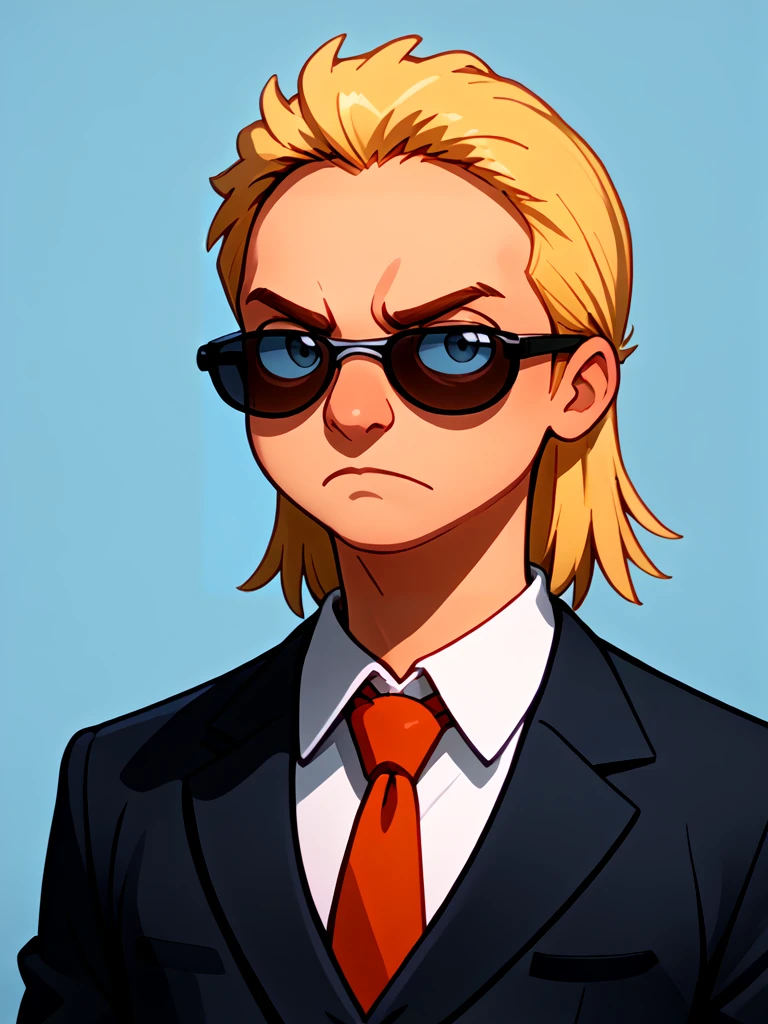 <lora:Speedo_Man_-_Bobs_Burgers:1.0> 1boy, solo, blond hair, mullet, suit and tie, sunglasses, frown, looking at viewer,, source_cartoon, score_9, score_8_up, score_7_up,