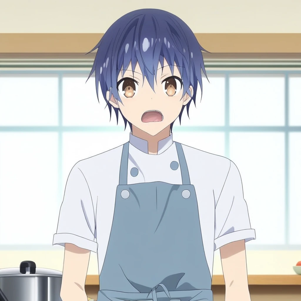 itsuka shido, 1boy, male focus, solo, blue hair, brown eyes, sweatdrop, open mouth, apron, upper body, indoors