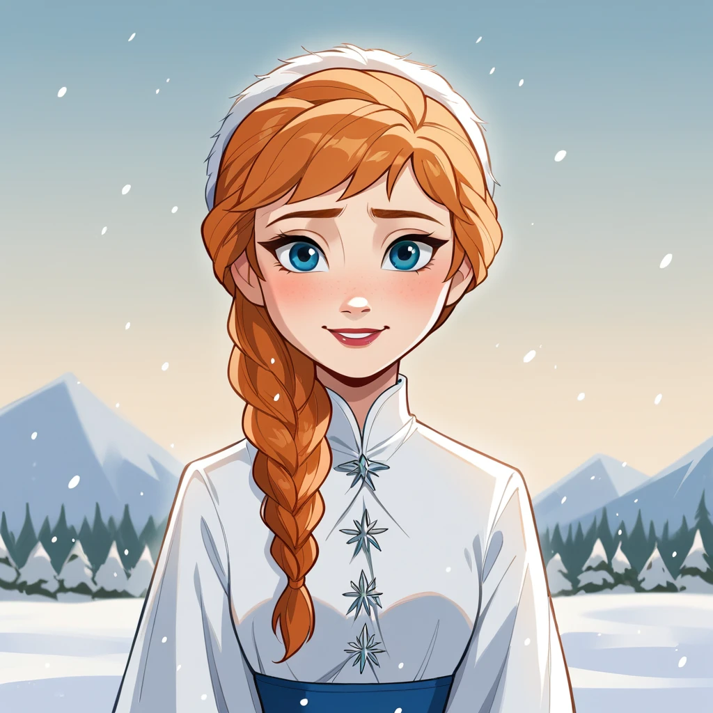 score_8_up, BREAK, anna, 1girl, solo, orange hair, braid, blue eyes, white  dress, cowboy shot,  <lora:Anna_Frozen_PXL_Leaf1:0.8>, looking at viewer, outdoors, snow,