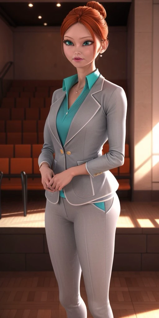 Hyperrealistic, perfect face, expressive strong cyan eyes, photorealistic, super detailed, (gray jacket), (gray trousers), body like in real life, large pores, tall, light-skinned, beautiful arms, beautiful legs, standing on a stage, unreal engine, cinematic lighting, bokeh, droped shadow, octane render, <lora:add_detail:0.5>, <lora:Volumetric_lighting:0.6>, thin light pink lips, freckles, orange hair which she pulls back in a high bun, strong cyan eyes, Bustier, Caline, , <lora:2baf874f-84ac-4a70-939e-e7522d2575e2:0.7>