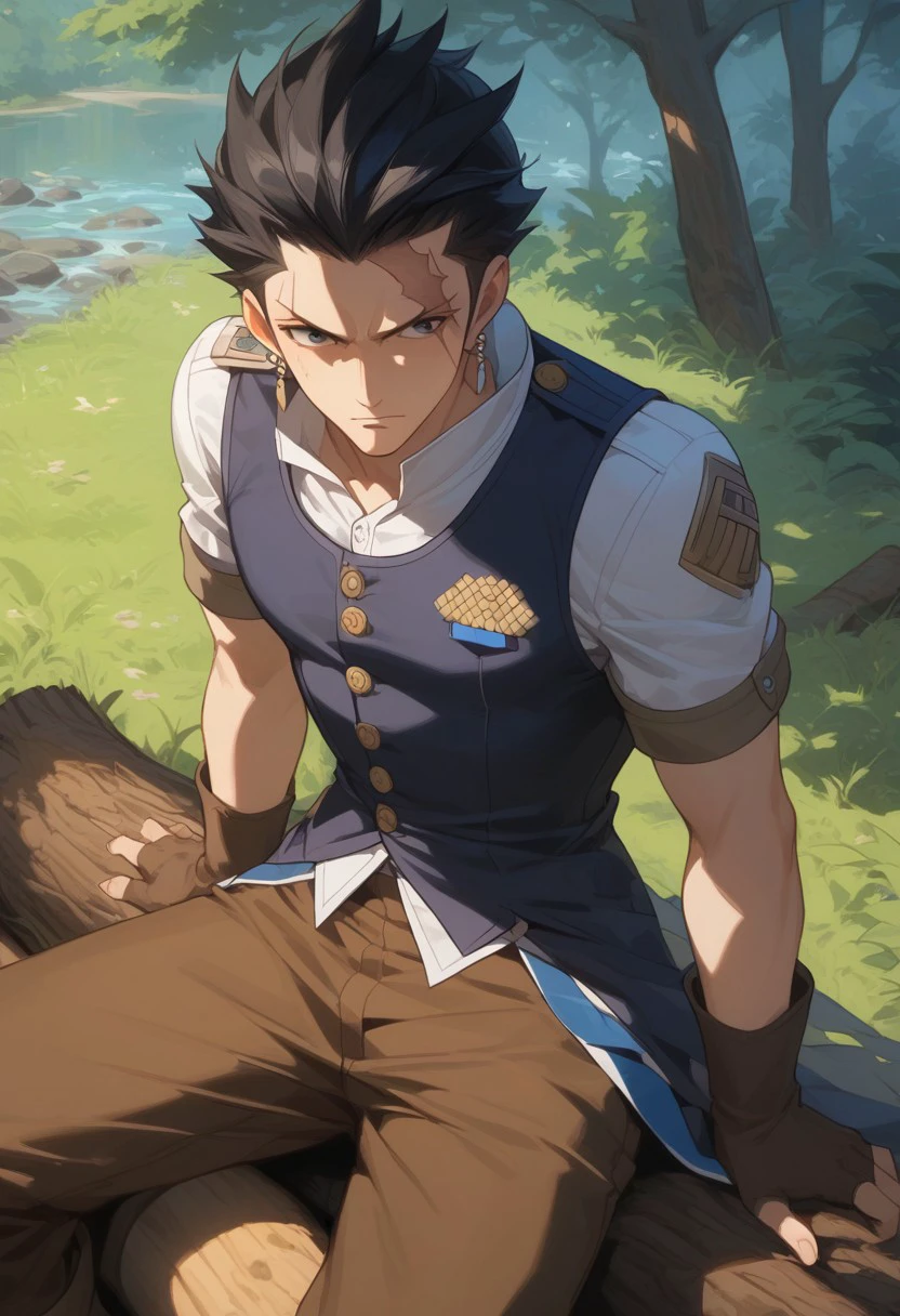 score_9, score_8_up, score_7_up, source_anime, rating_safe, wood log, Siltail,1boy, male focus, black hair, earrings, scar, angry, pectoral cleavage, uniform vest, badges, brown pants, boy scout captain, sitting, hand with five fingers, blurry outdoors camp, tents, trees, cut off legs, Expressiveh, from above, slight-from-side,