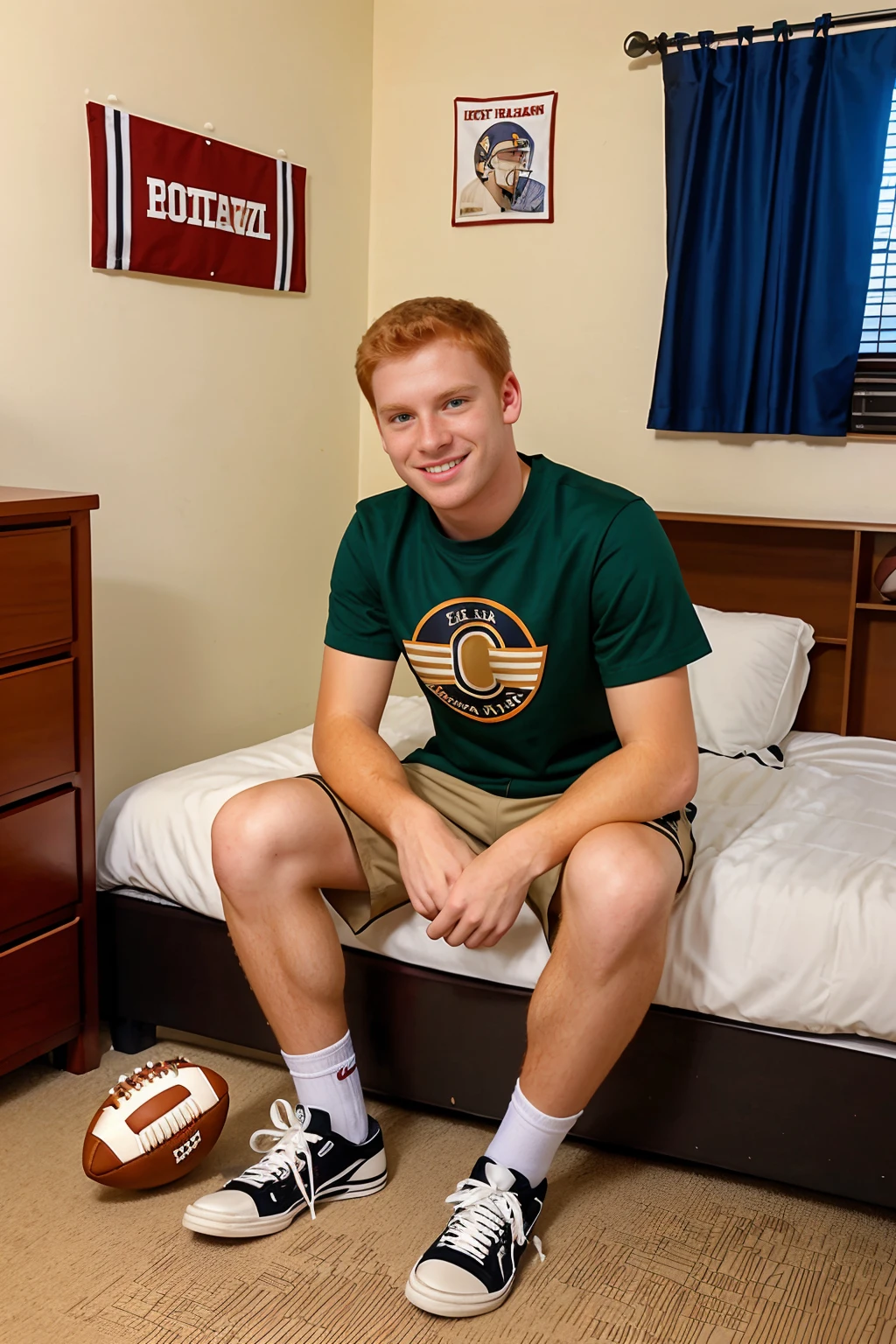 college dorm room, pennant on wall, sitting on bed, smiling, ginger hair, SebastianKeys, wearing shirt, (khaki shorts), socks, (black hightop sneakers), (holding football), ((full body portrait)), wide angle <lora:SebastianKeys:0.8>