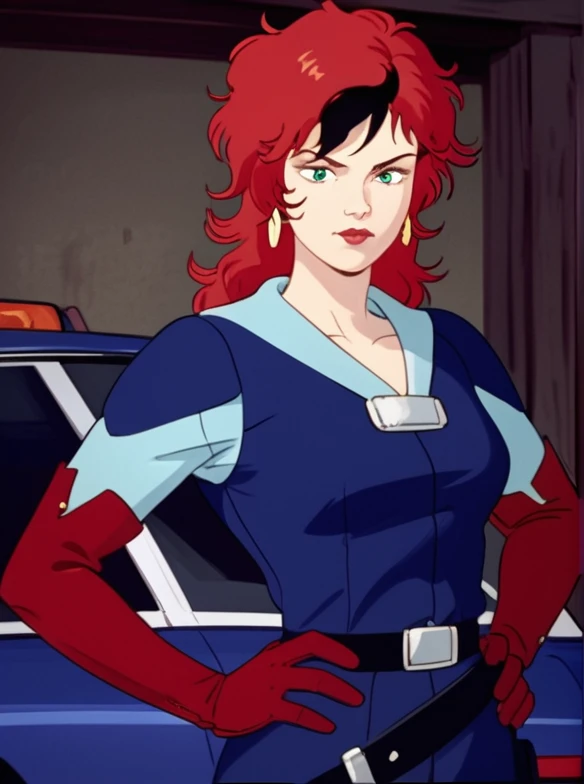 buddr00t, score_8_up, score_7_up, source_manga, rating_safe, <lora:BuddR00tXLP:0.5>, girl, solo, vw4rfi3ld, red hair with black streak, messy hair, green eyes, earrings, blue racing outfit, red gloves, toolbelt, upper body, standing, hands on hips, at a car garage <lora:Vanessa_Warfield_-_MASK_1985_-_Pony:0.8>