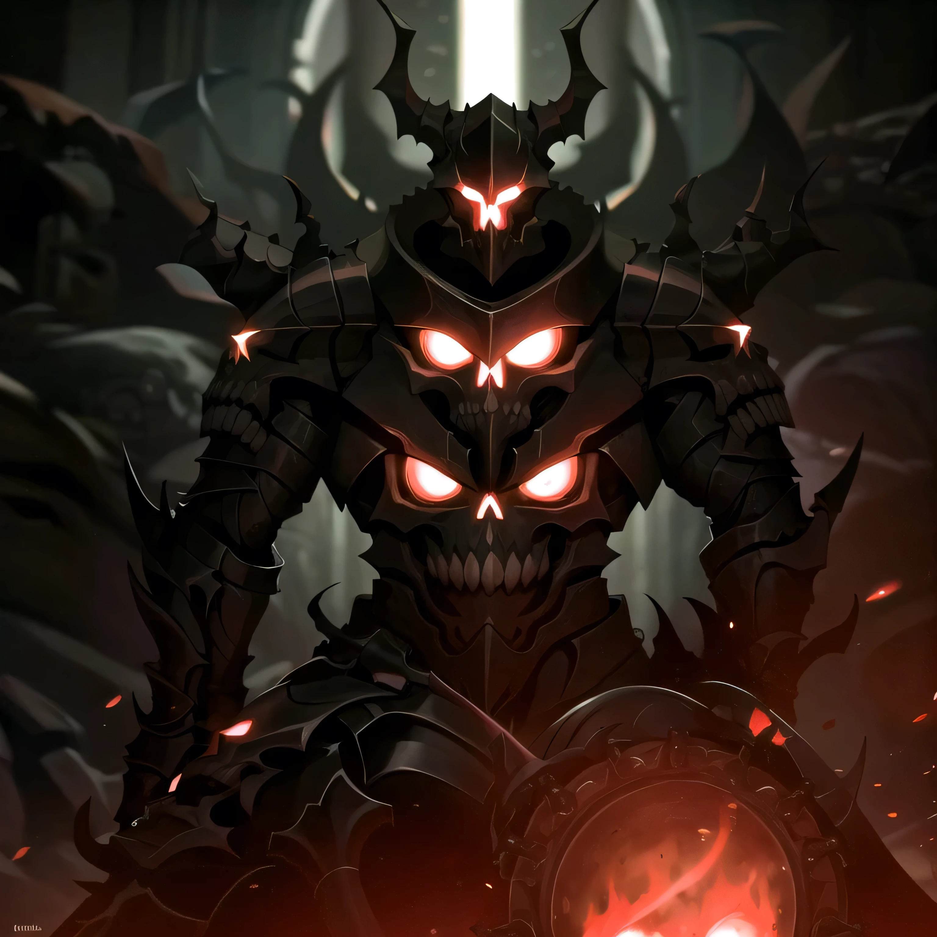 a monstrous knight in black armor with skull-like accoutrements, red glowing eyes, intricate details, cinematic lighting, dark fantasy, moody atmosphere, dramatic pose, epic scale, hyper-realistic, 8k, photo-realistic