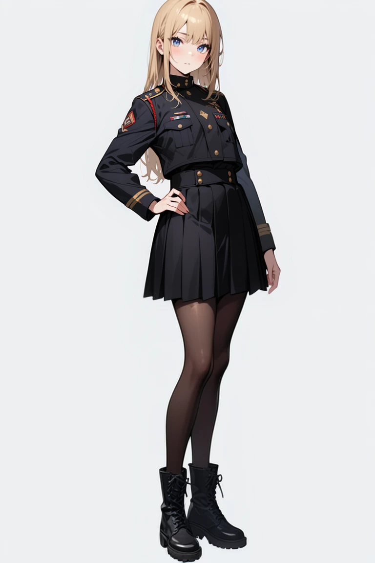 (masterpiece), (high detail),1girl, solo obilonian empire, obilonian empire military uniform, simple background, boots, full body, blue eyes,