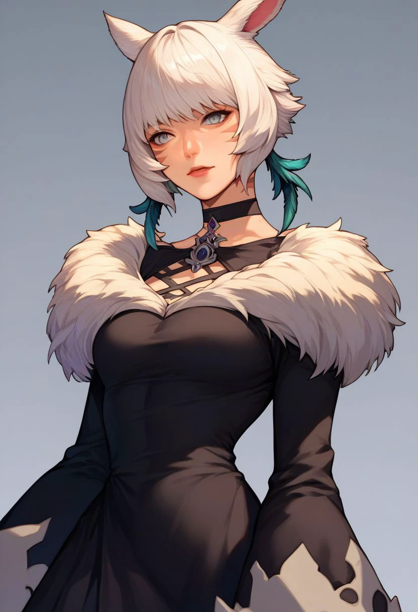 score_9, score_8_up, score_7_up, score_6_up, score_5_up, score_4_up, source_anime,
y'shtola rhul, white hair, short hair, grey eyes, feather earrings,
black choker, black dress, fur trim,
cowboy shot,
simple background,
<lora:yshtola_rhul:1>