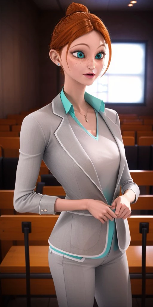 Hyperrealistic, perfect face, expressive strong cyan eyes, photorealistic, super detailed, (gray jacket), (gray trousers), body like in real life, large pores, tall, light-skinned, beautiful arms, beautiful legs, standing on a stage, unreal engine, cinematic lighting, bokeh, droped shadow, octane render, <lora:add_detail:0.5>, <lora:Volumetric_lighting:0.6>, thin light pink lips, freckles, orange hair which she pulls back in a high bun, strong cyan eyes, Bustier, Caline, , <lora:2baf874f-84ac-4a70-939e-e7522d2575e2:0.7>