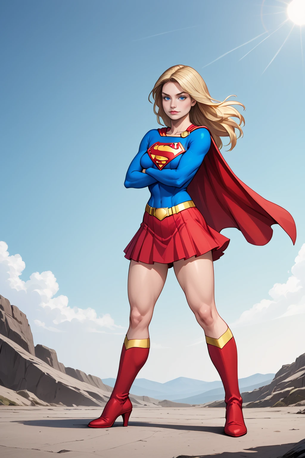 <lora:Supergirl_PDXL_spamb0t:0.8>,DC_Comics_Supergirl
BREAK long blonde hair,yellow belt
BREAK blue eyes,blue shirt
BREAK red cape,red skirt,red highheel boots
BREAK standing with arms crossed, head tilted forward
BREAK seen from behind, cowboy shot
BREAK cowboy shot,abstract background,looking at viewer
BREAK high quality,film grain,cinematic lighting,volumetric lighting,modeling shoot
BREAK (hyper detail,insanely detailed,best quality,masterpiece,photorealistic:1.4)