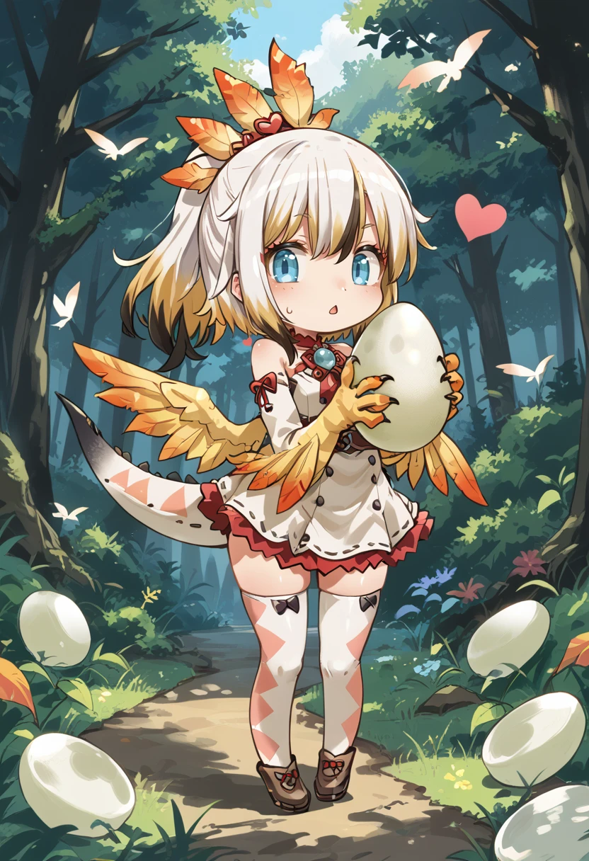 (score_9:0.9),score_8_up,score_7_up,rating_safe,anime style,(zPDXL),<lora:kulu-ya-ku ponyXL v2:0.82>,kuluyaku,egg,1girl,solo,thighhighs,multicolored hair,chibi,personification,holding egg,blue eyes,ponytail,looking at viewer,blonde hair,long hair,bare shoulders,full body,white hair,open mouth,tail,winged arms,monster girl, heart, open mouth, forest