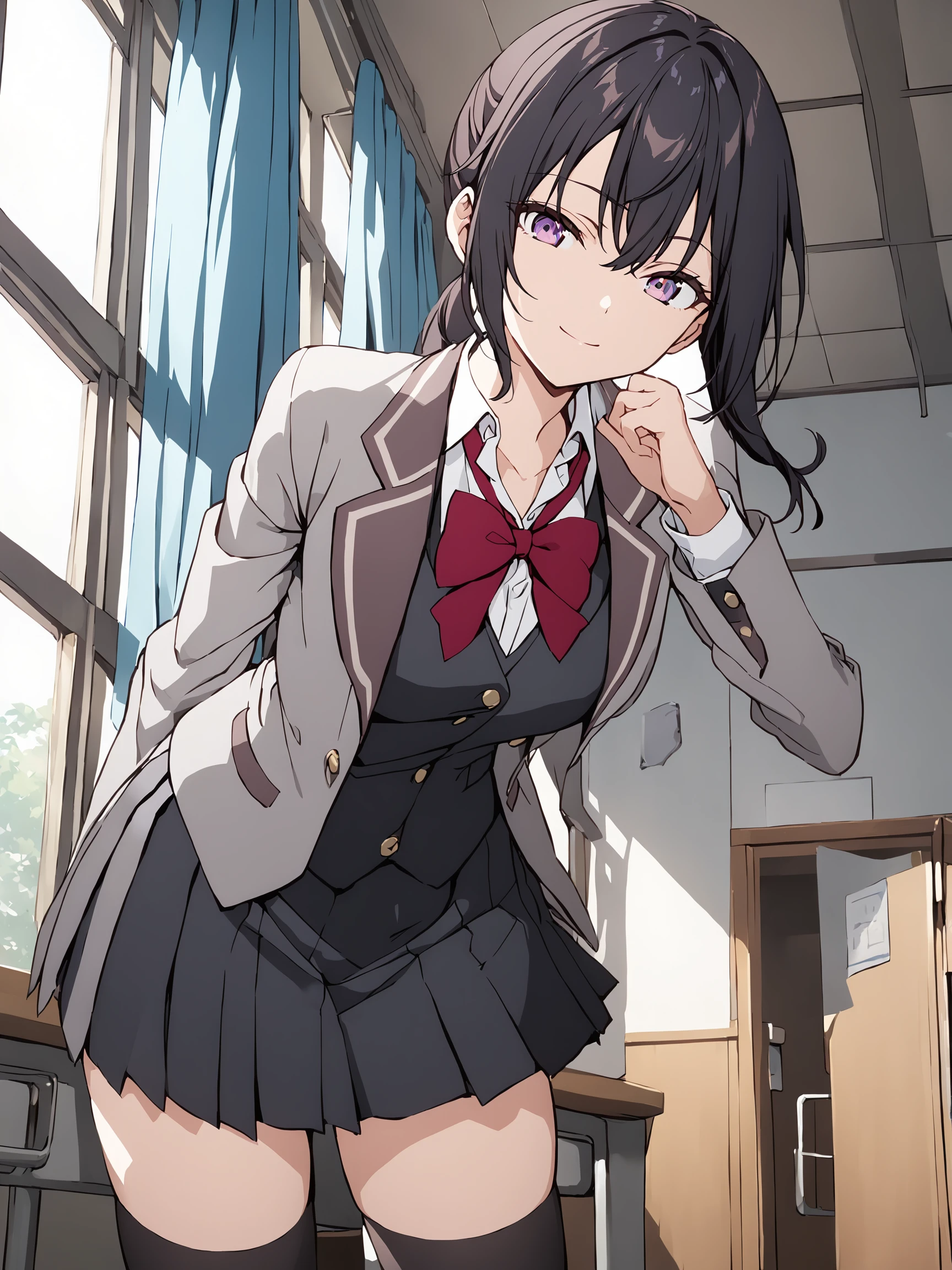 suouyuki_imoto, purple eyes, black hair, long hair, ponytail,
1girl, solo, full body, looking at viewer, cowboy shot, indoors, classroom, windows, blue sky, inviting, light smile,
leaning forward, arms at back, hand to mouth, school uniform, grey jacket, open jacket, long sleeves,
red bow, white shirt, collared shirt, black vest, button, black dress, black thighhighs,
best quality, masterpiece,
<lora:hinaAlyaMashaYuki_sdxl_wifu_v1:1>