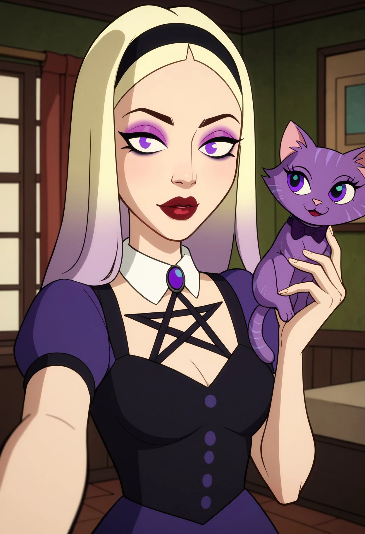 score_9, score_8_up, score_7_up, score_6_up BREAK, making selfie, 1girl, blonde hair, black hairband, makeup, purple eyes, long hair, dress, gradient hair, puffy short sleeves, red lips, pentagram knot, mal1c3-dh, holding cat  <lora:Malice_-_Kite_Man:0.7>