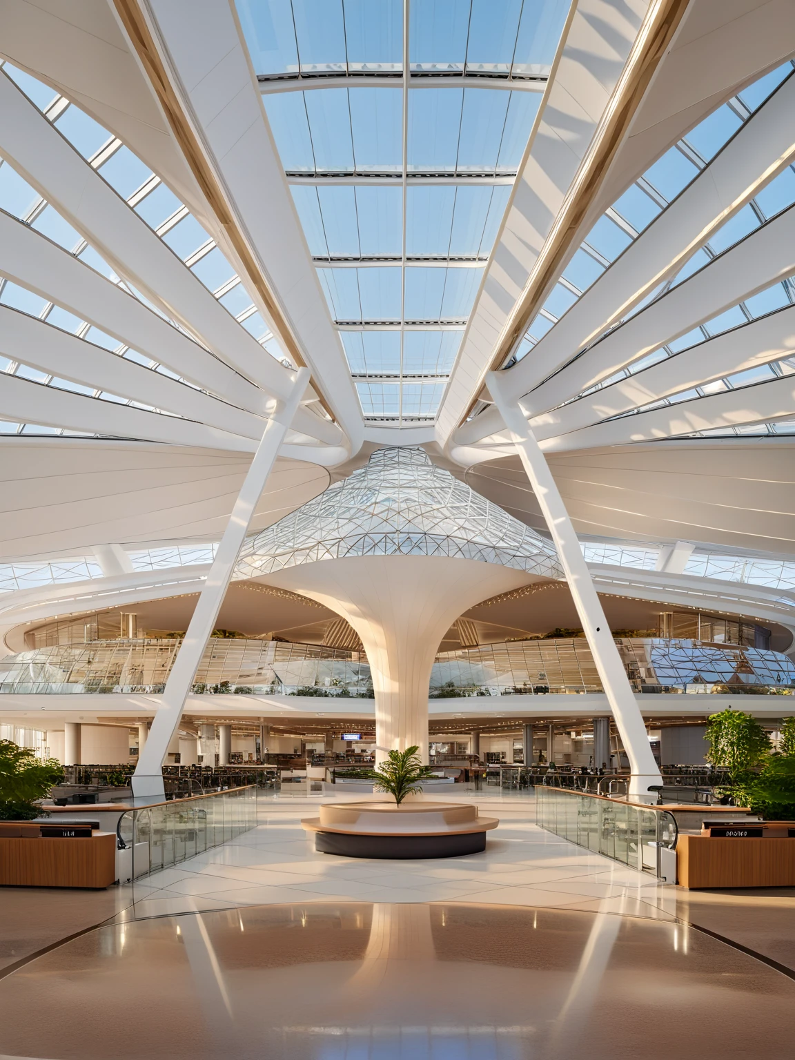 Architectural style  <lora:JJsAirport_XL:1> , ((Airport)), building,masterpiece , best quality, (soft lighting), day light, high quality,(indoors), roof, tree, airplane,  scenery,real world location, enough detail, high resolution, , super realistic, Photorealistic,  highly detailed, center composition, curvy, symmetry, reflection, golden hour, triangle, glass, seat, counter, . Clean lines, geometric shapes, minimalist, modern, architectural drawing, highly detailed