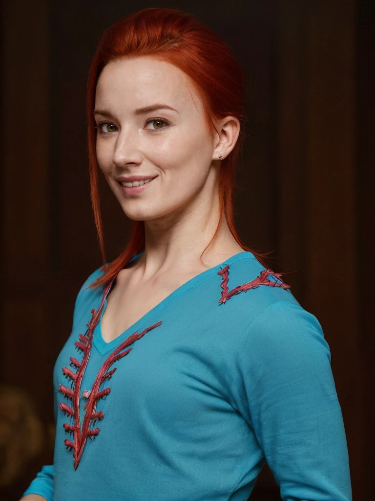 a professional absurdres intricately detailed sharp focus portrait photograph of (Aria_Bedmar:1.1),
wearing a turquoise v-neck shirt, with auburn hair and wry grin,
 <lora:Aria_Bedmar - SD:0.8>