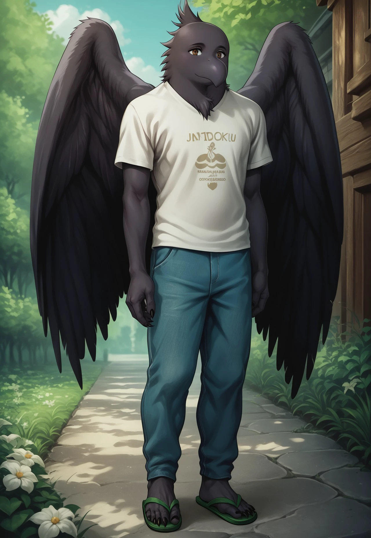 score_9, score_8_up, score_7_up, detailed, jirotengu, 1boy, solo, full body, black skin, brown eyes, beak, wings, shirt, pants, sandals, sharp fingernails, sharp toenails, BREAK, outdoors