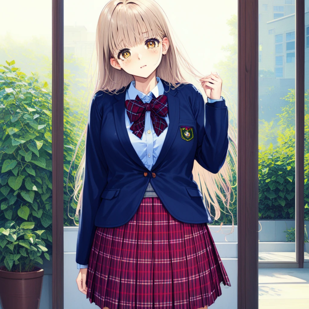 long hair, skirt, bow, school uniform, jacket, pleated skirt, plaid, plaid skirt, blazer, cardigan, blue blazer, red bowtie,