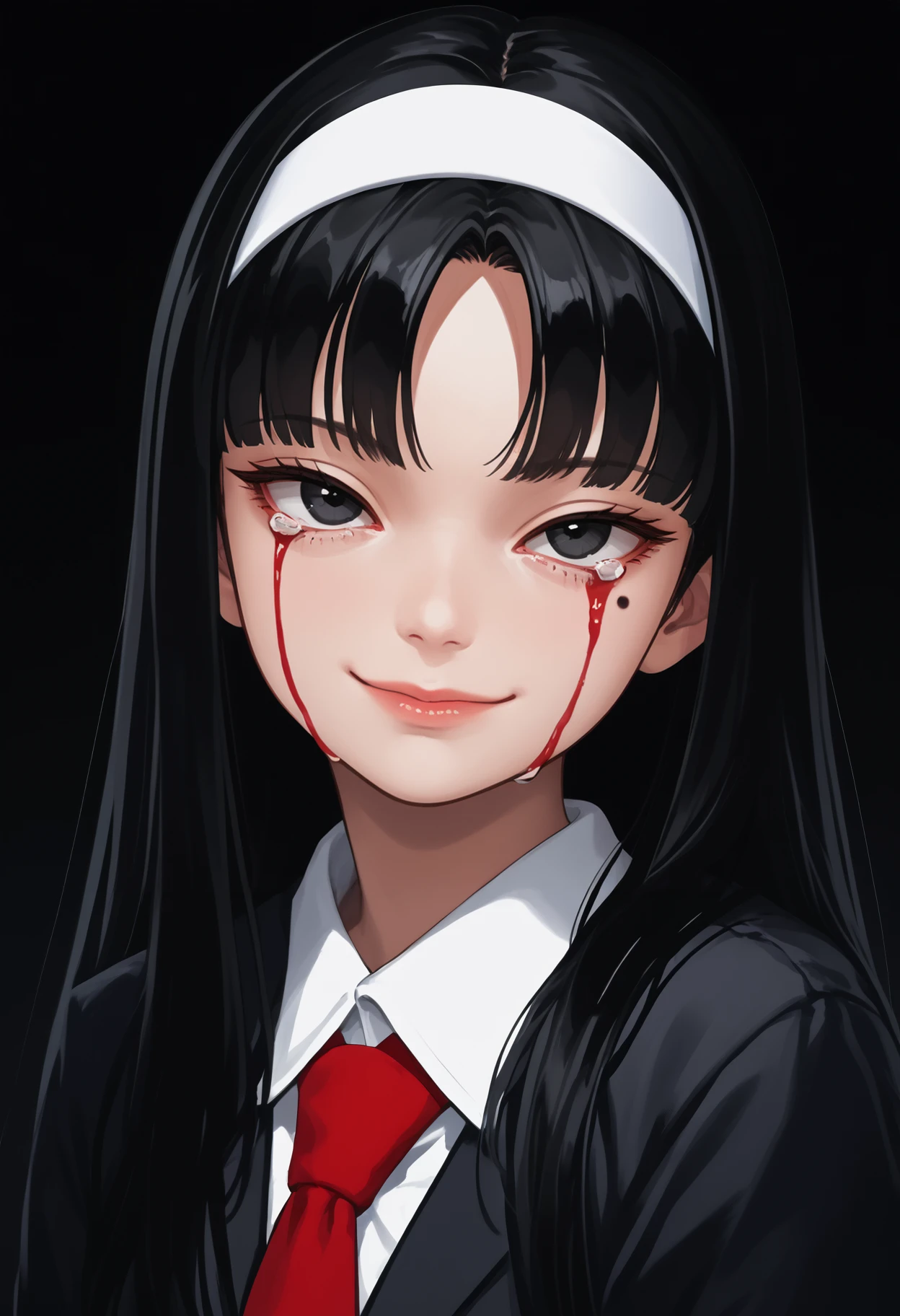 score_9, score_8_up, score_7_up, source_anime BREAK 1girl, solo, <lora:kawakamitomie-junjiito-richy-v1_pdxl:1> kwkm, black eyes, black hair, long hair, blunt bangs, parted bangs, white hairband, mole under eye, black jacket, red necktie, school uniform, blood on face, blood from eyes, black background, smile, closed mouth, yandere, crying blood