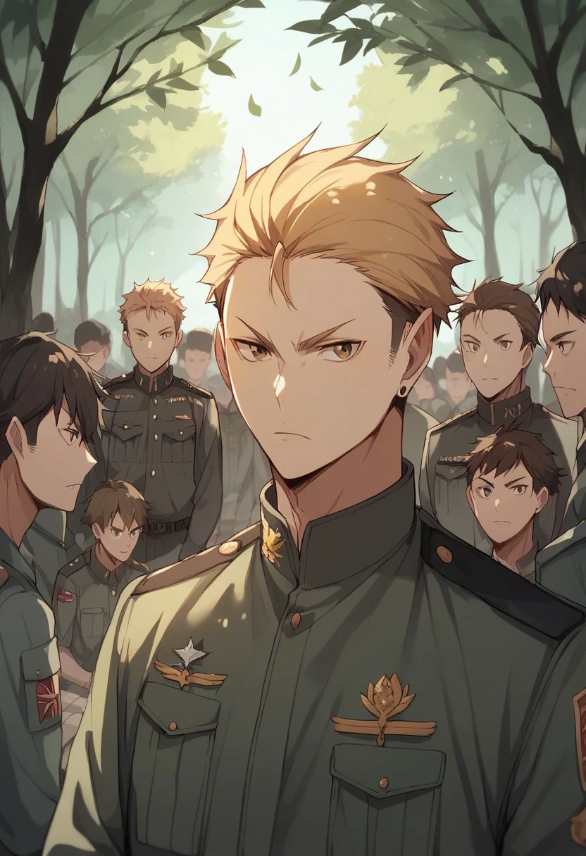 score_9, score_8_up, score_7_up, source_anime, rating_safe, arms at side, Yujaikyu, 1boy, male focus, serious, military uniform, upper body, 6+ boys, outdoor forest, leaves, tree, 